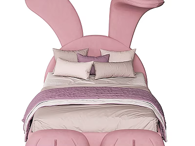 Cute Pink Kids Bed With Rabbit Ears Soft Bedding And Pillows 3d model