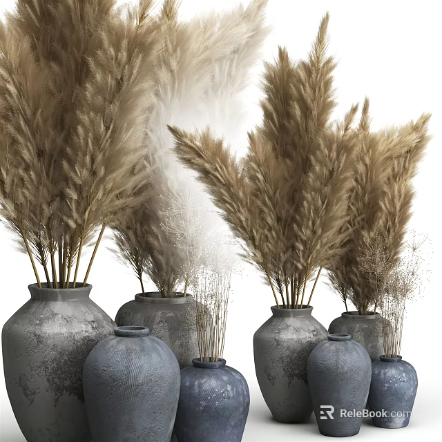 Gray And Blue Vases With Dried Pampas Grass For Home Decor Arrangement 3d model 