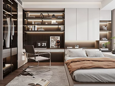 Modern Tatami Bedroom With Built In Storage Desk And Cozy Lighting Design 3d model