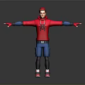 3D Character Model In Red Hoodie And Blue Cargo Pants With Arms Outstretched