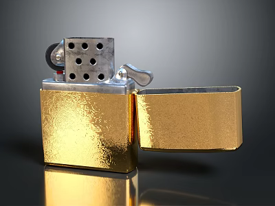Gold Metal Lighter With Open Lid And Shiny Textured Surface Design 3d model