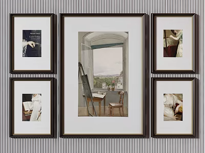 Artistic Wall Display With Framed Paintings Easel And Window View 3d model