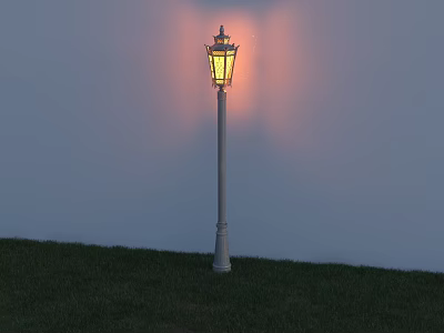 Outdoor Street Lamp with White Post Illuminated Warm Yellow Light on Grassy Ground Against Wall 3d model
