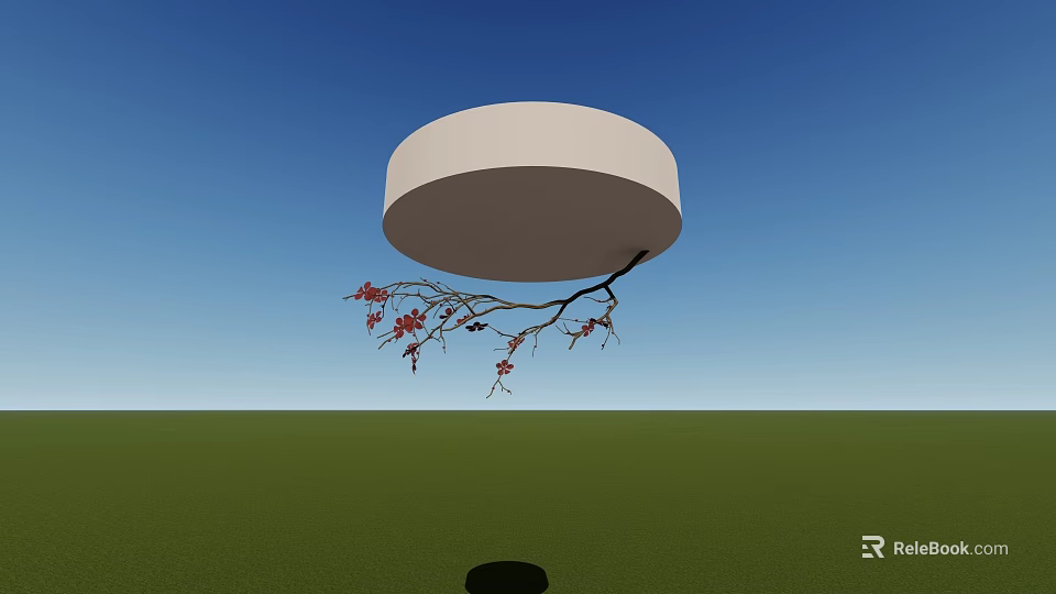 Floating White Circular Object With Red Flower Branch Over Green Grass And Blue Sky 3d model 