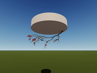 Floating White Circular Object With Red Flower Branch Over Green Grass And Blue Sky 3d model