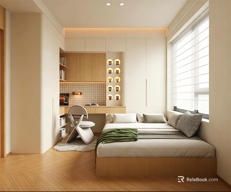 Modern Minimalist Bedroom Interior With Wooden Flooring Built in Cabinets Desk Chair And Window Blinds 3d model 