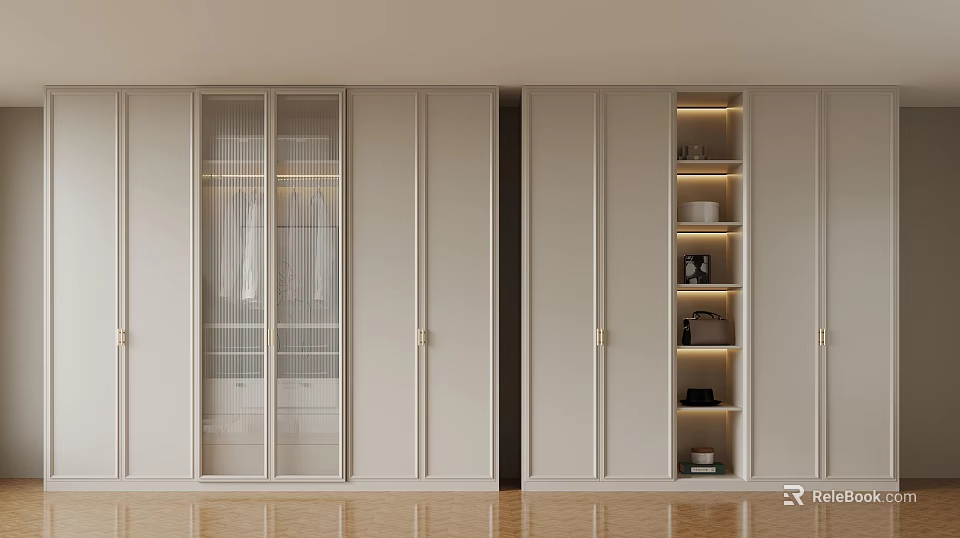 Modern Light Colored Wardrobe Design With Sliding Doors And Open Shelves 3d model 
