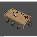 Wooden Long Table With Stump Style Chairs And Various Items On Top