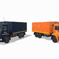 Two Commercial Cargo Trucks in Dark Blue and Orange for Freight Transport