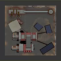 3D Rendered Computer Equipment Scene With Large Red Silver Machine Solar Panels And Monitors
