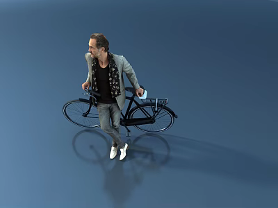 Man In Gray Jacket With White Shoes Carrying Bicycle Walking On Blue Background 3d model