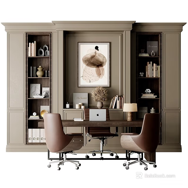 Organized Home Office Desk With Laptop Brown Chairs Bookshelves Decorative Art 3d model 