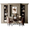 Organized Home Office Desk With Laptop Brown Chairs Bookshelves Decorative Art