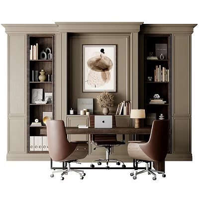 Organized Home Office Desk With Laptop Brown Chairs Bookshelves Decorative Art 3d model