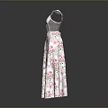 White Long Dress With Pink Floral Pattern And Sheer Shoulder Straps Layered Skirt