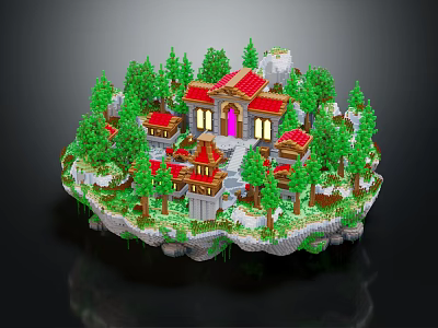 Cartoon Scene of Circular Island with Red Roofed Buildings Green Trees and White Wall Architecture 3d model
