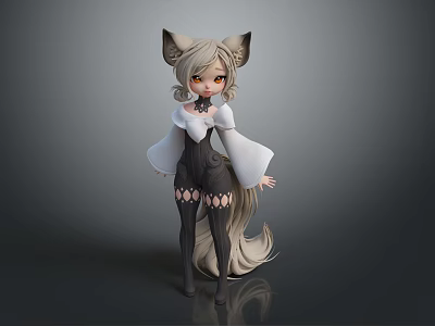 Anime Character With Fox Ears And Tail In White Top Black Overalls And Lace Stockings 3d model