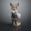 Anime Character With Fox Ears And Tail In White Top Black Overalls And Lace Stockings