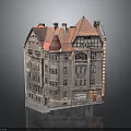European Style Multi Story Building Model With Red Roof And Balconies