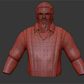 Realistic Male 3D Character with Black Hair Beard Red Black Plaid Shirt and Black Suspenders