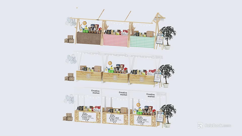 Colorful Market Stalls With Wooden Shelves Canopy And Various Goods 3d model 