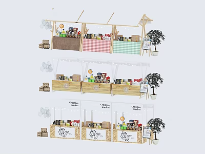Colorful Market Stalls With Wooden Shelves Canopy And Various Goods 3d model