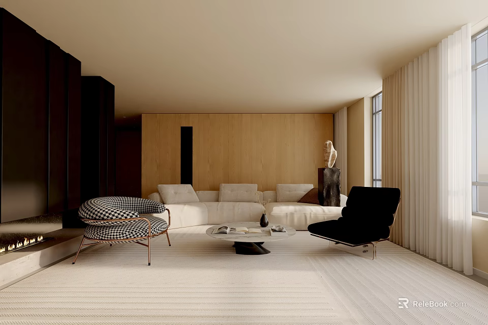 Modern Living Room Interior Design With Wooden Wall Sofa Accent Chairs And Neutral Rug 3d model 
