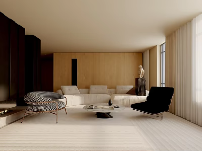 Modern Living Room Interior Design With Wooden Wall Sofa Accent Chairs And Neutral Rug 3d model