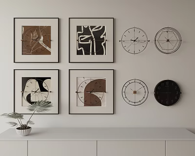 Black Framed Abstract Paintings Wall Display with Geometric Clocks and White Cabinet 3d model