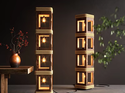 Woven Wooden Layered Floor Lamp Illuminated With Vase And Plant In Dark Background 3d model