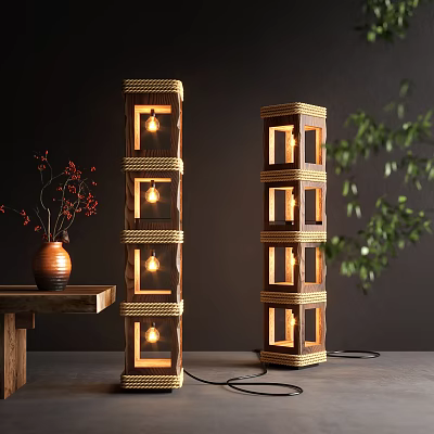 Woven Wooden Layered Floor Lamp Illuminated With Vase And Plant In Dark Background 3d model