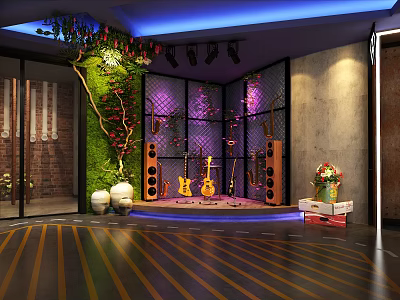 Stylish Indoor Area Featuring Green Plant Wall Purple Lighting Guitars Speakers and Wooden Floor 3d model