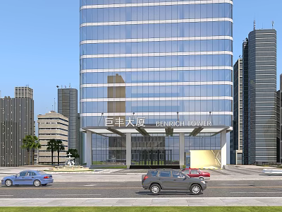 High Rise Hotel Building With Glass Curtain Wall And Urban Entrance Surrounded By Skyscrapers 3d model