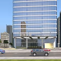 High Rise Hotel Building With Glass Curtain Wall And Urban Entrance Surrounded By Skyscrapers