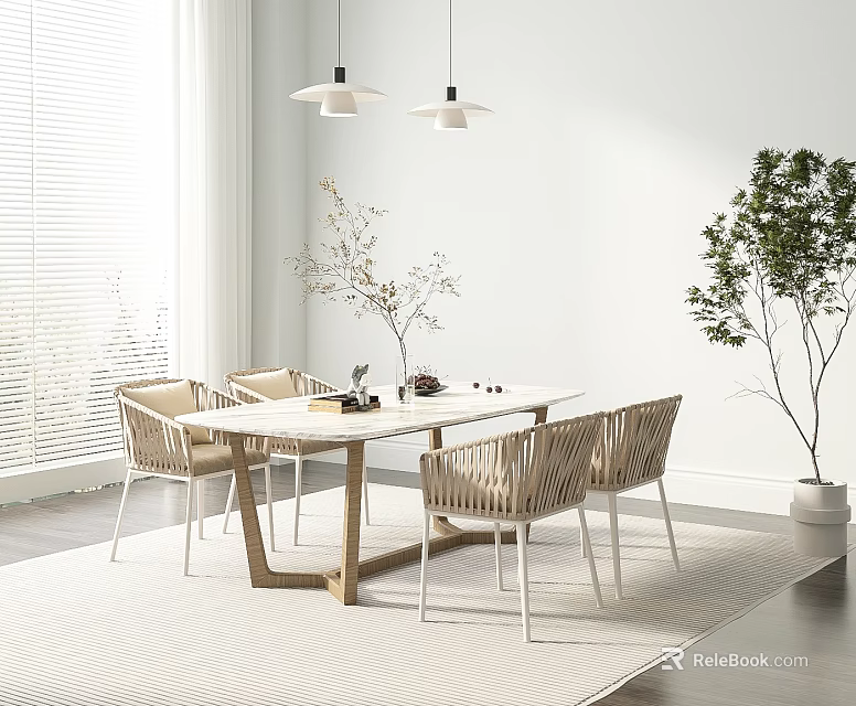 Modern Dining Table Set With Woven Chairs Pendant Lights And Indoor Plant 3d model 