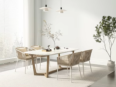 Modern Dining Table Set With Woven Chairs Pendant Lights And Indoor Plant 3d model