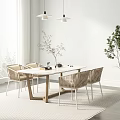 Modern Dining Table Set With Woven Chairs Pendant Lights And Indoor Plant