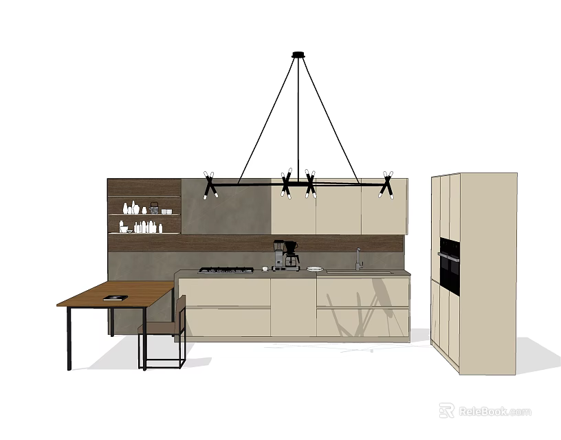Modern Kitchen Design With Upper Lower Cabinets Pendant Lights And Island 3d model 