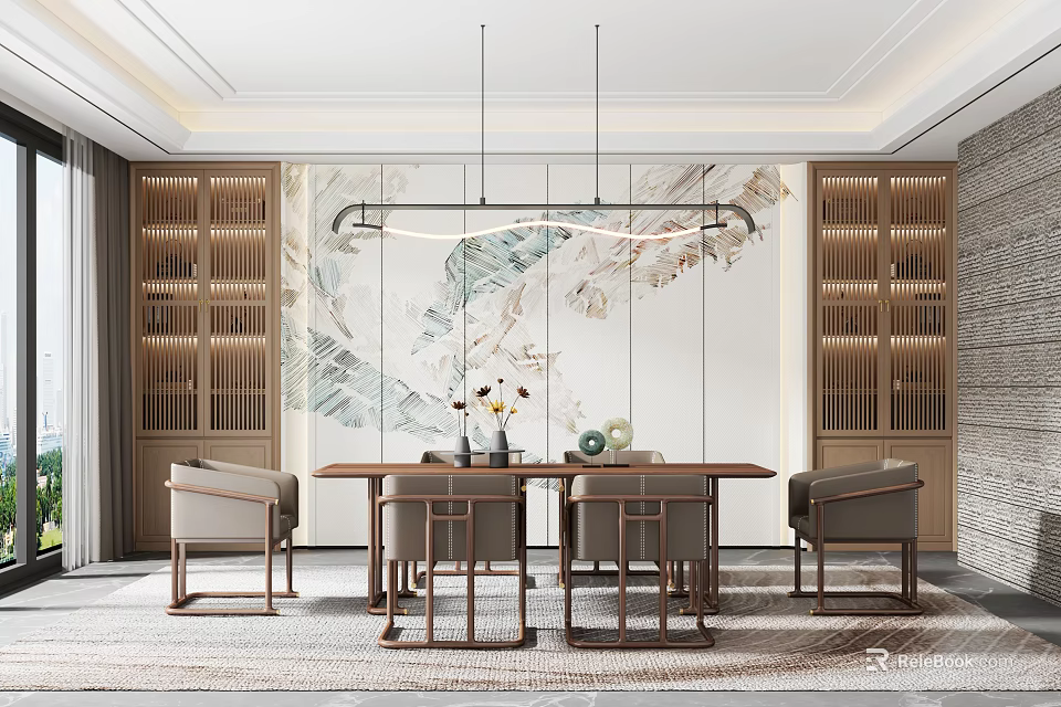 Elegant Chinese Style Restaurant Interior With Landscape Artwork Dining Table Chairs And Hanging Lamps 3d model 