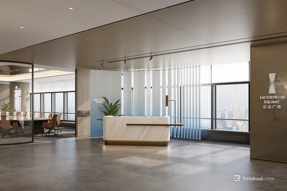 Modern Office Interior With Reception Desk Large Windows City View Glass Partitions And Plant 3d model 