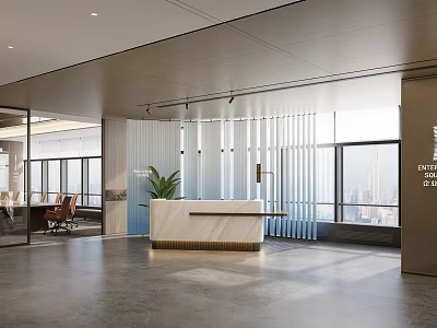 Modern Office Interior With Reception Desk Large Windows City View Glass Partitions And Plant 3d model