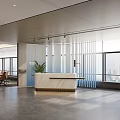 Modern Office Interior With Reception Desk Large Windows City View Glass Partitions And Plant