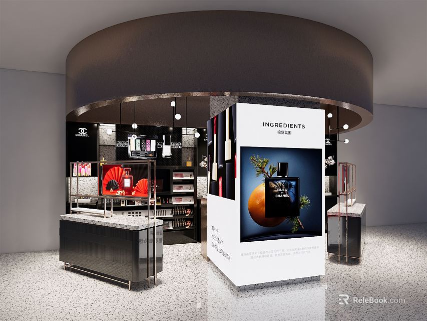 Modern Perfume Retail Store Interior With Display Shelves And Advertising Posters 3d model 
