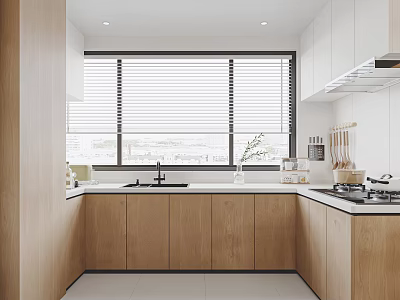 Modern Kitchen Interior With Wooden Cabinets White Countertops Large Windows And Blinds 3d model