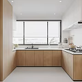 Modern Kitchen Interior With Wooden Cabinets White Countertops Large Windows And Blinds