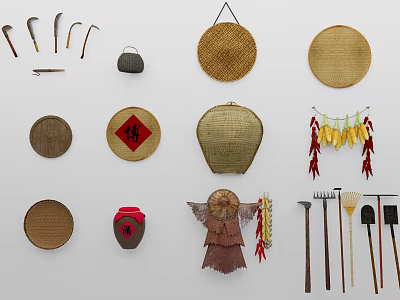 Traditional Handicrafts and Tools Collection Featuring Woven Baskets Hats and Farm Implements 3d model