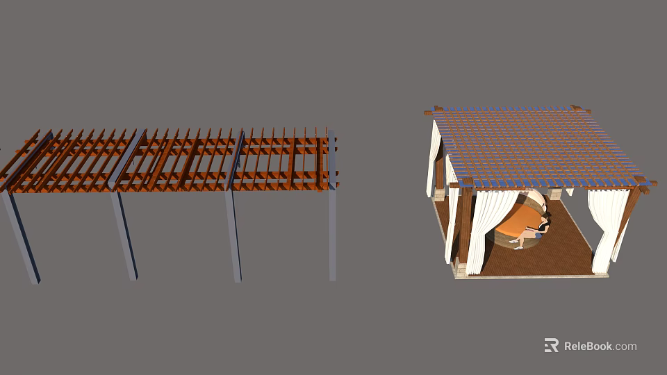 Outdoor Wooden Pergola With Lattice Structure Supporting Columns And Tiled Roof Leisure Space 3d model 