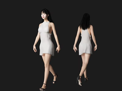 Woman in White Dress with Front and Back Views Against Black Background 3d model
