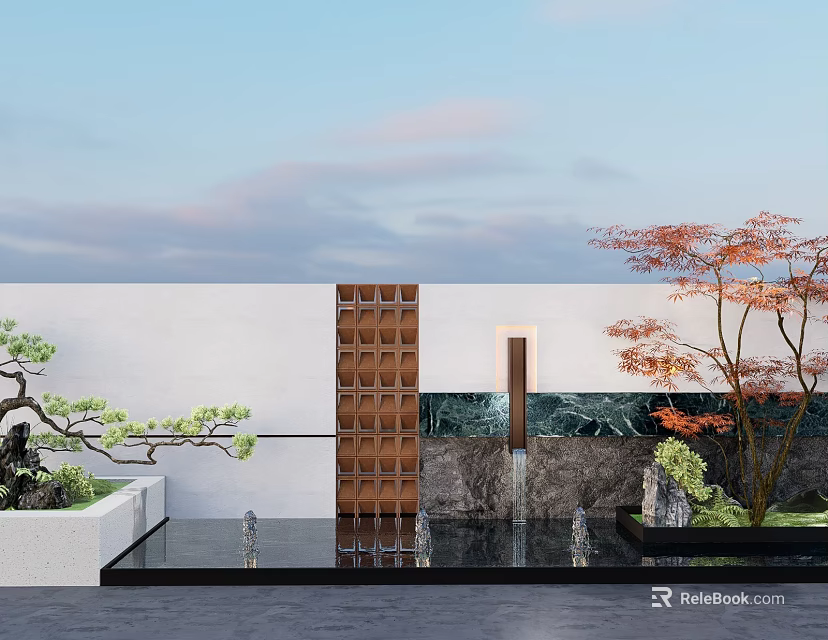Modern Scenic Feature Wall Design With Wooden Grille Water Fountain And Maple Trees 3d model 