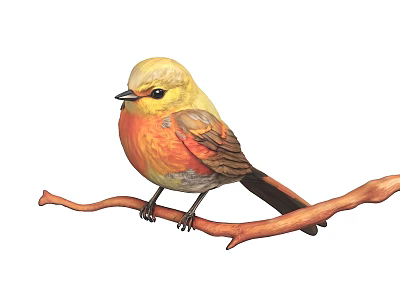 Vibrant Yellow and Orange Flying Bird Perched on a Natural Tree Branch 3d model